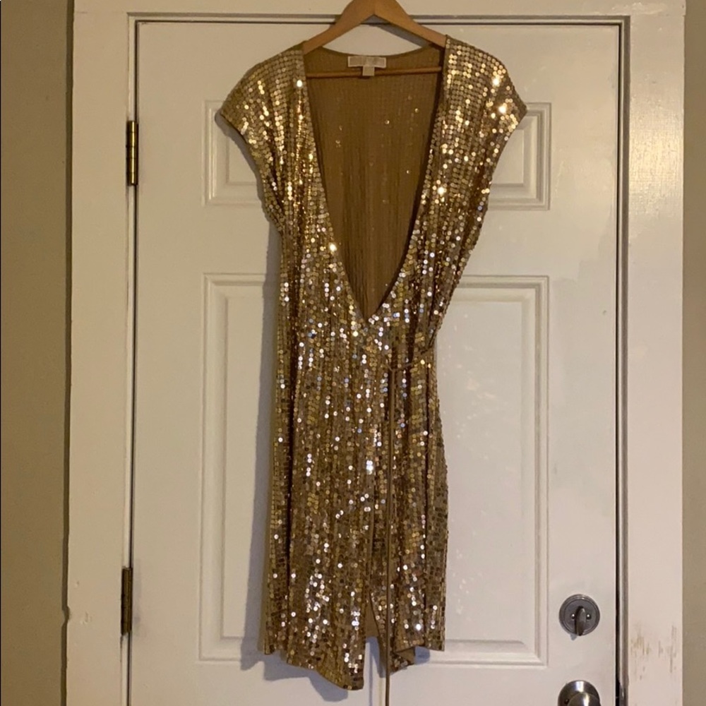 Michael Kors gold metallic wrap dress Large